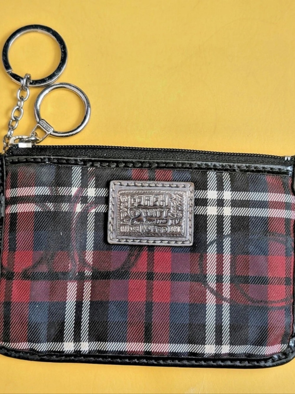 Coach Poppy Mini Skinny ID Case With Tartan Plaid Print Tartan Plaid Black & Red